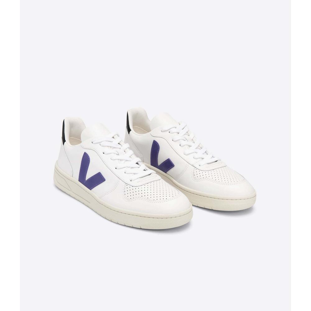 Women's Veja V-10 LEATHER Sneakers White/Purple/Black | SG 649FDN